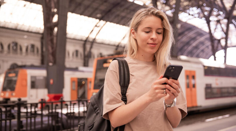 Image Attractive Woman Holding Phone Railway Station
