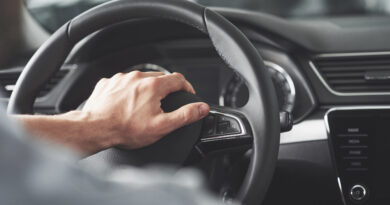 Man S Big Hands Steering Wheel While Driving Car