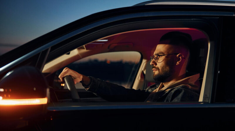 Side View Handsome Unshaved Man Fashionable Clothes That Riding His Automobile