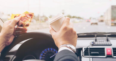 Man Eating Pizza Coffee While Driving Car Dangerously