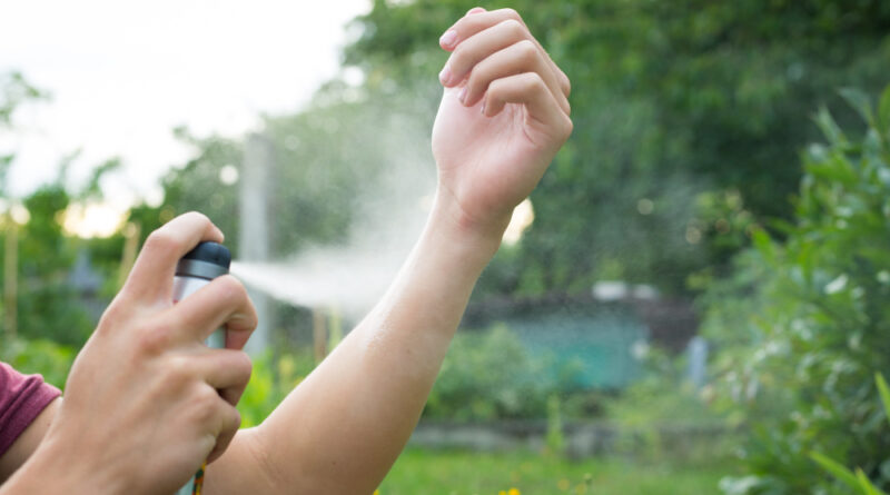 Young Man Spraying Mosquito Insect Repellent Forrest