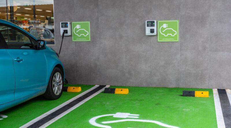 Electric Car Green Color Parking Parking Charging Vehicles Improve Environment Without Gasoline