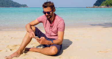 Happy Attractive Man Stylish Sunglasses With Beard Using Mobile Phone Beach