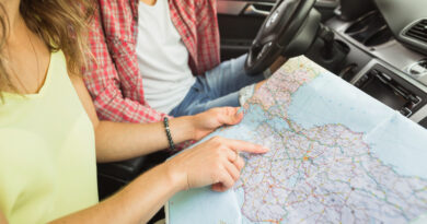Woman Pointing Finger Location Navigation Map With Man Car