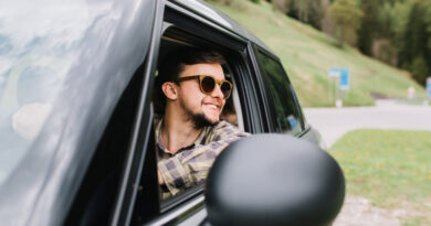 Handsome Man Good Mood Drives Car Enjoying Fine Weather Vacation