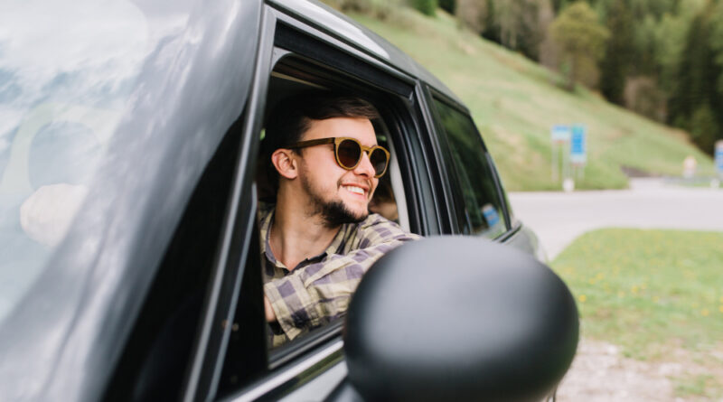 Handsome Man Good Mood Drives Car Enjoying Fine Weather Vacation