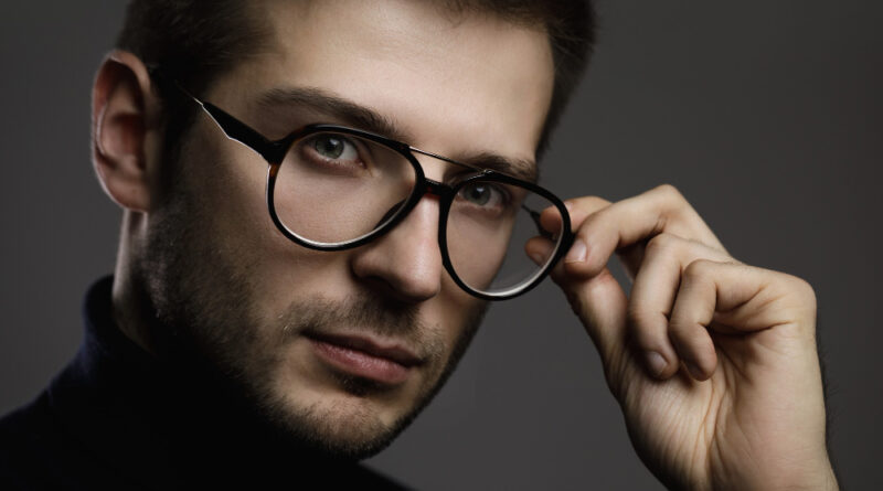 Portrait Young Smart Man Wearing Glasses Folded Polo Neck