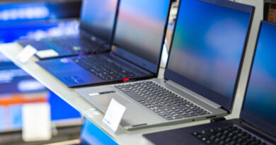 Sample Laptops Shop Window Glass Blurred Background