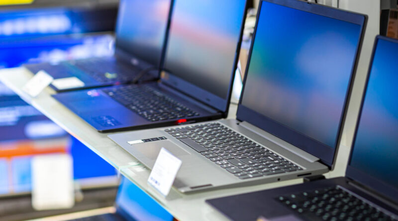 Sample Laptops Shop Window Glass Blurred Background