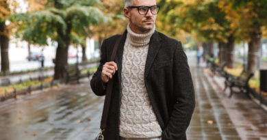 Portrait Stylish Man 30s Eyeglasses Walking Outdoor Through Autumn Park