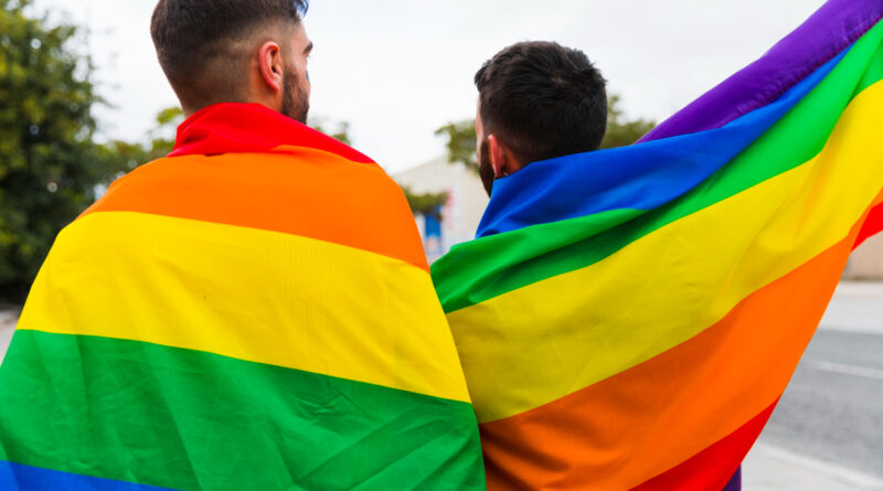 Couple Gay Wrapped Lgbt Flags Standing Back