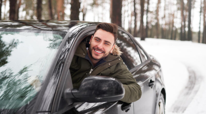 Young Attractive Caucasian Man Sits Wheel His Car Sunny Winter Day