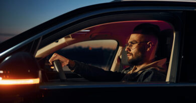 Side View Handsome Unshaved Man Fashionable Clothes That Riding His Automobile