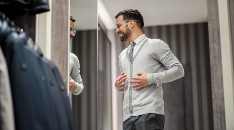 Smart Casual Man Is Looking Himself Mirror Store While Trying Out New Clothes