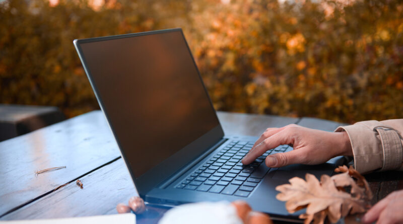 Focus Female Holding Oak Leaf Typing Keyboard Laptop With Copy Space Blank Monitor Screen While Working Remotely Outdoors Countryside With Sunbeams Falling Through Oak Trees