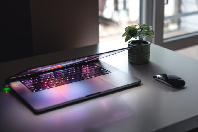 Close Up Laptop Keyboard Colorful Neon Illumination Backlit Keyboard