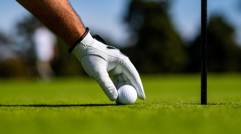 Golfer Man With Golf Glove Golf Player Playing Golf Sunny Day Hand Putting Golf Ball Tee