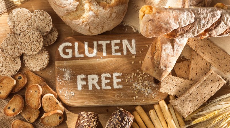 Gluten free food various pasta bread snacks wooden background from top view
