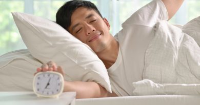 Portrait Happy Asian Man Waking Up Bed Morning