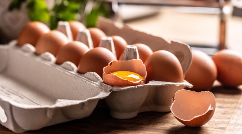 Cardboard Box Full Fresh Chicken Eggs With Yolk Broken Egg Kitchen Counter