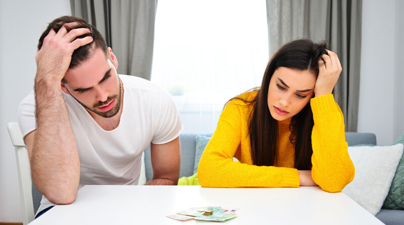 Marriage Problems Money Issues Handling Money Responsibly Savings Concept Young Couple Looking Money Table Looking Worried