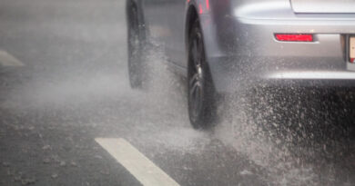 Rain Water Splash Flow From Wheels Silver Car Moving Fast Daylight City With Selective Focus