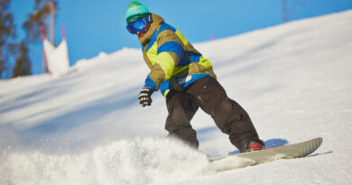 Snowboarder Sliding From Mountain Winter Day