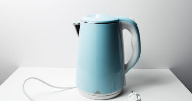 Closeup Blue Electric Kettle Table White Background