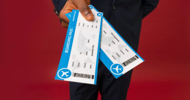 High Angle Male Flight Attendant Holding Tickets