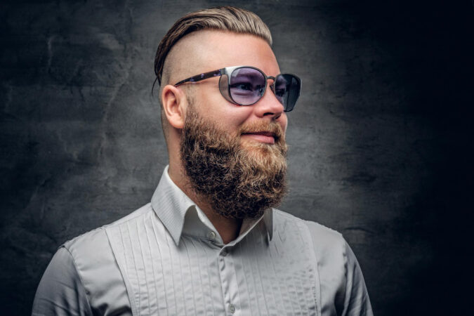 Fashionable Portrait Bearded Male Purple Sunglasses Isolated Grey Vignette Background