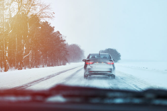 Back View Car Snowy Winter Road