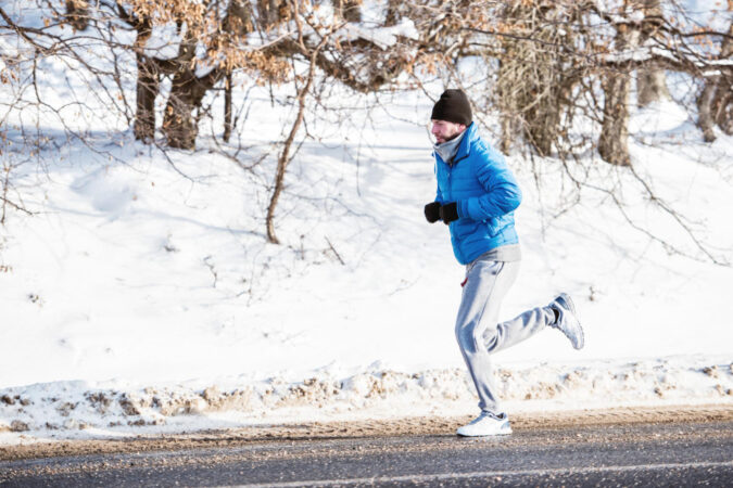 Fitness Trainer Working Out Snow Cold Winter Day Mountains