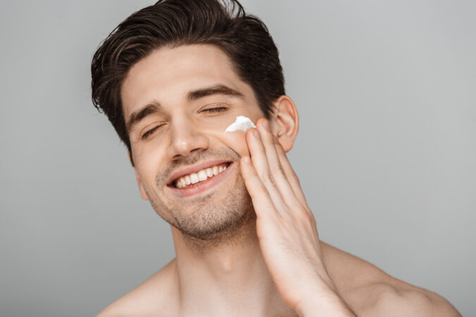 Close Up Beauty Portrait Half Naked Satisfied Young Man