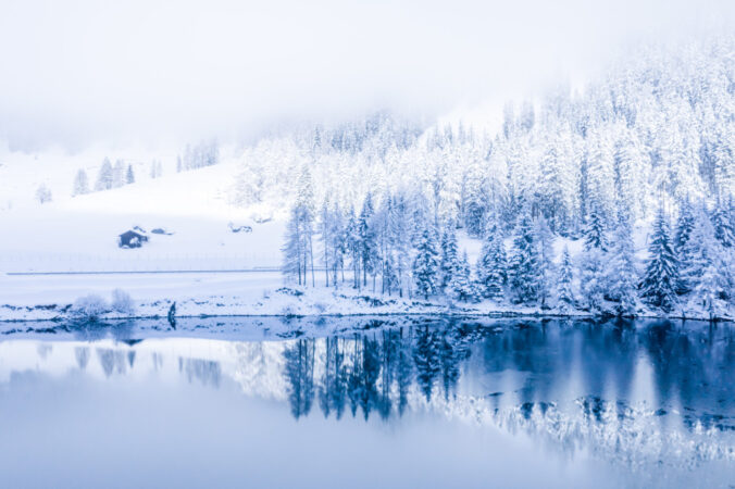 Magical Switzerland Winter Lake Center Alps Surrounded By Forest Covered By Snow