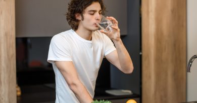 Handsome Guy Stay Modern Kitchen Drinking Glass Water Morning Time