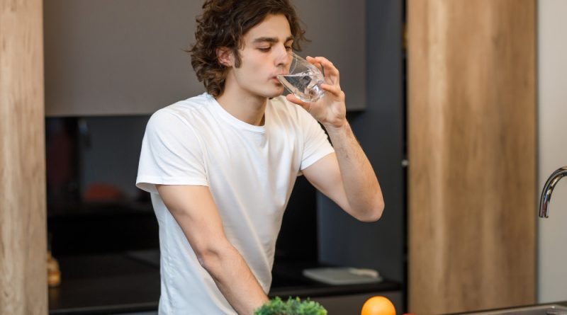 Handsome Guy Stay Modern Kitchen Drinking Glass Water Morning Time