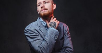 Studio Portrait Redhead Bearded Male Dressed Suit Posing Grey Background