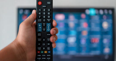 Smart Tv Hand Pressing Remote Control Hand Holding Tv Remote Control With Television Background Close Up
