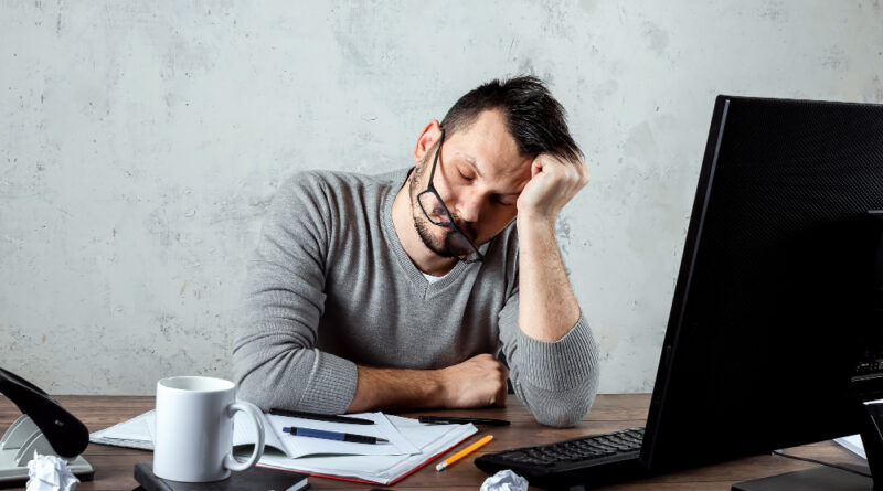 Man sleeping table office concept office work lot work fatigue laziness copy space