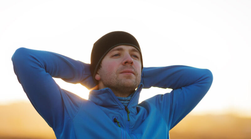 Young Man Sports Clothes Rests After Jogging Breathes Deeply Lead Healthy Lifestyle