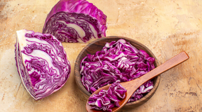 Top View Prepare Bowl Chopped Red Cabbage Beet Salad Wooden Background With Copy Place Upper Right Corner