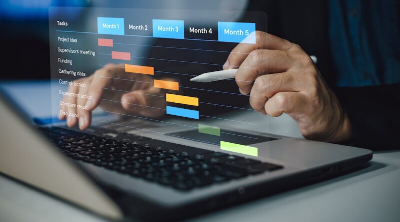 Project manager working and update tasks with milestones progress planning. businessman using laptop computer plan schedule virtual diagram, business project management concept.