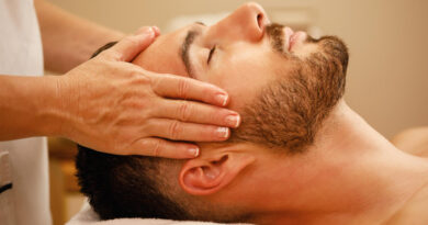 Closeup Man Getting Head Massage Relaxing With Eyes Closed Spa