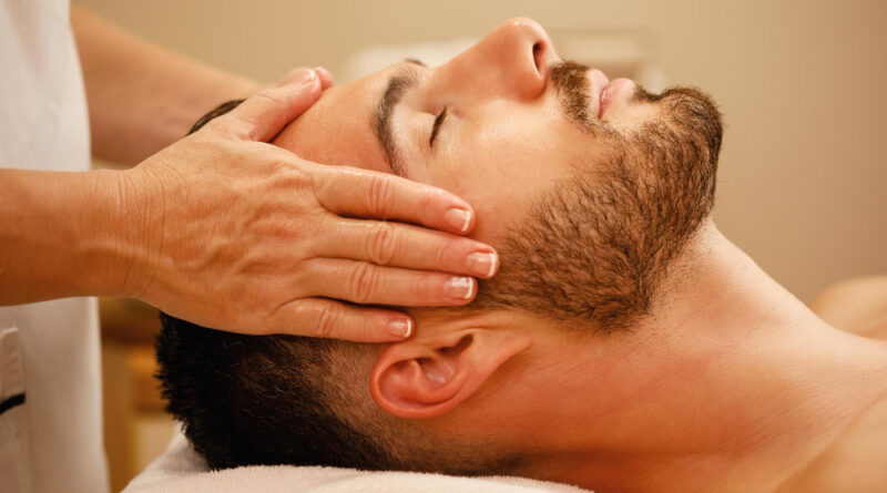 Closeup Man Getting Head Massage Relaxing With Eyes Closed Spa
