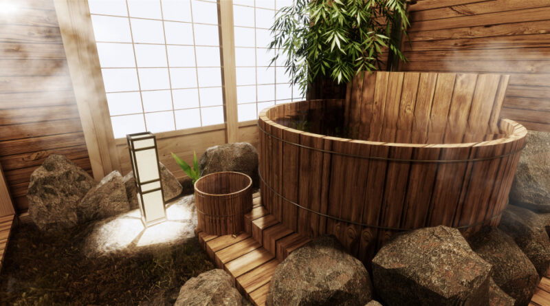 Onsen Room Interior With Wooden Bath Decoration Wooden Japanese Style