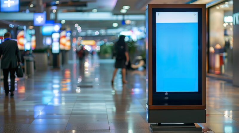 A blue sign is on a post in a large, empty room, generative ai image.