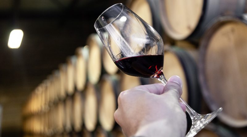 closeup-hand-with-glass-red-wine-background-wooden-oak-barrels-stacked-straight-rows-order-old-cellar-winery