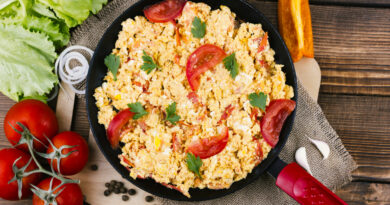 Flat Lay Scrambled Eggs With Tomatoes