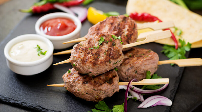 Appetizing Kofta Kebab Meatballs With Sauce Tortillas Tacos Black Table