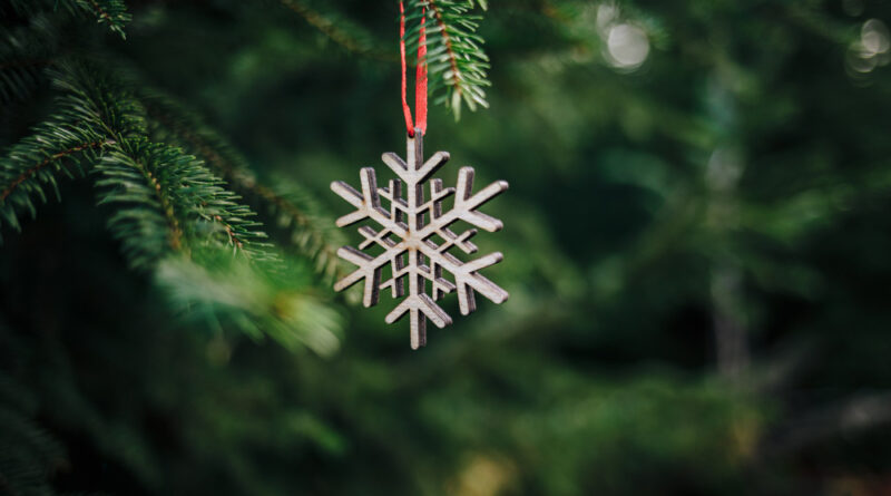 Closeup wooden snowflake shaped christmas ornament pine tree